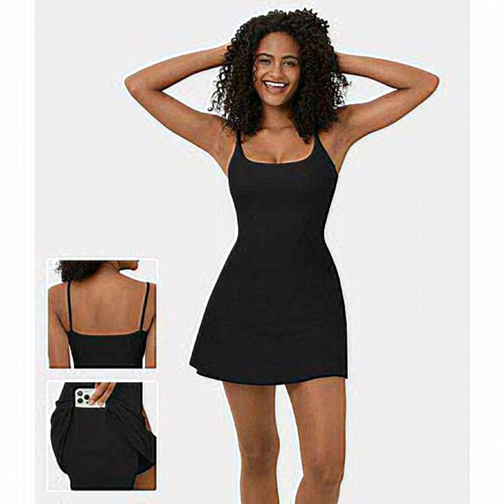Halara Cloudful Square Corset 2-in-1 Mini Flare Activewear Dress‎ Black NWOT L